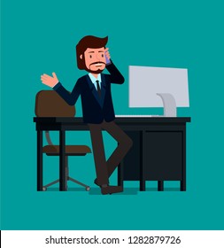 Businessman talking on the phone leaning against the desktop. Flat character vector illustration.