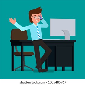 Businessman talking on the phone leaning against the desktop. Flat character vector illustration.