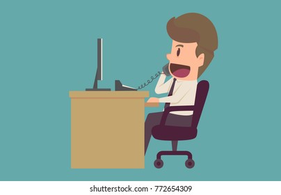 Businessman talking on the phone at the office Sitting At Desk In Office.Cartoon of business success is the concept of the man characters business,background, banner, infographic. illustration vector