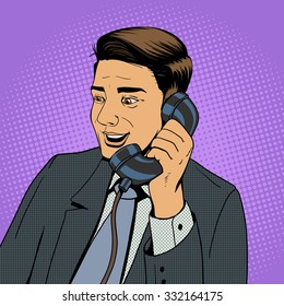 Businessman talking on the phone pop art retro style vector illustration. Man and phone comic book imitation