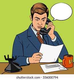 Businessman talking on the phone pop art retro style vector illustration. Man and phone comic book imitation
