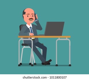Businessman talking on the phone sitting at the table. Vector illustration, a flat style design. Suitable for animation (individual segments).