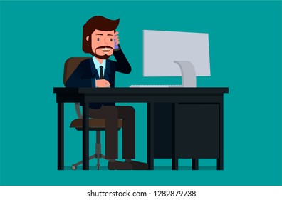 Businessman talking on the phone, sitting at the computer. Flat character vector illustration.