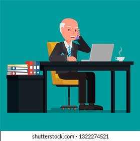 Businessman talking on the phone, sitting at the computer. Flat character vector illustration.