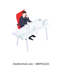 Businessman talking on phone sitting on red chair in office 3d icon isometric vector illustration