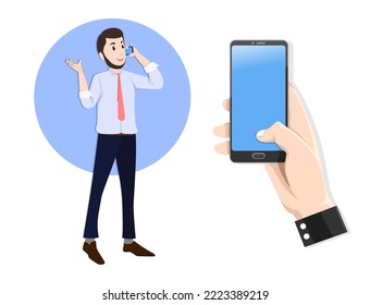 Businessman talking on the phone. vector character and hand holding smartphone. icon vector