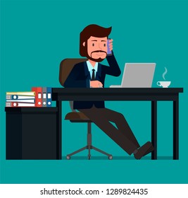 Businessman talking on the phone while sitting at a computer.  Vector illustration, flat design drawing.
