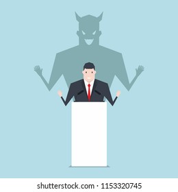 Businessman talking on podium with shadow of devil.