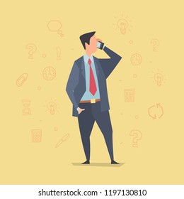 Businessman talking on smartphone. Vector illustration of a standing man with a smartphone in his hand on yellow background with business icons.