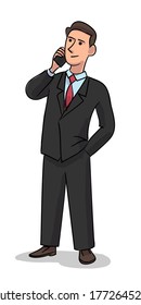 Businessman talking phone isolated on white background. Man in suit calling by telephone, office manager talking. Vector character illustration of business communication, smartphone conversation
