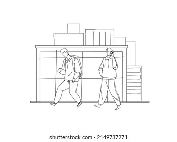 Businessman talking phone, student walking line vector illustration. City lifestyle concept