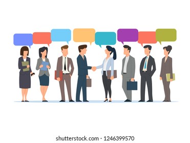 Businessman talking with shared target speech bubble. cartoon business people in business suits shake hands talking and doing business. Vector illustration in flat style isolated on white background.