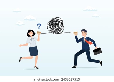 Businessman talking through messy chaos, tangled phone line make other confused, bad communication, misunderstanding create confusion in work, miscommunicate unclear message and information (Vector)