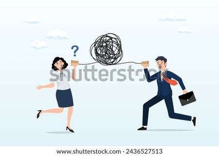 Businessman talking through messy chaos, tangled phone line make other confused, bad communication, misunderstanding create confusion in work, miscommunicate unclear message and information (Vector)