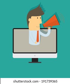 Businessman talking white megaphone on computer screen ,online  advertize