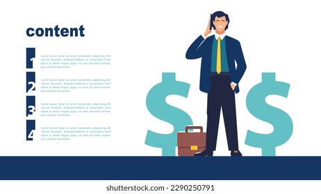 Businessman talks about financial development of business, man. Infographics header banner. Launch, work. Dollar, S. White background. Business presentations, banner template. Flat style vector design