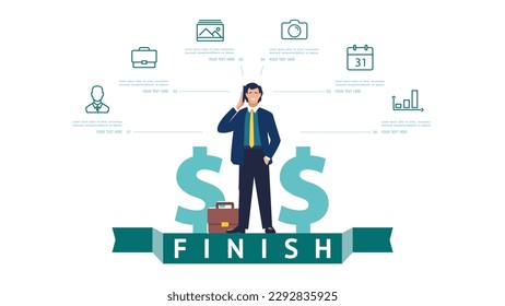 Empresario habla de negocios de desarrollo financiero, fin. Banner de encabezado de infografía. Lanzamiento, trabajo. Dólar, S. Fondo blanco. Presentaciones empresariales, banner, plantilla.Diseño vectorial de estilo plano