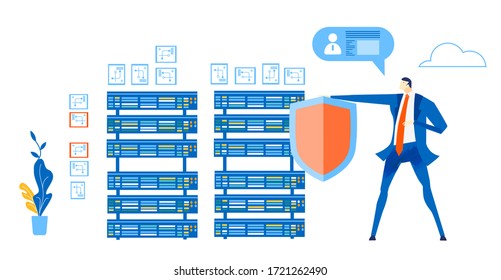  Businessman talks about internet security and data protection. Technology, big data, information safely idea.  Business concept illustration