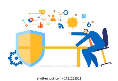  Businessman talks about internet security and data protection. Technology, big data, information safely idea.  Business concept illustration