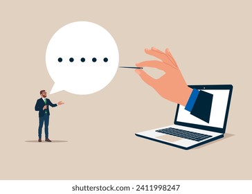 Businessman talks a lot about nothing. Popping speech bubble. Business communication breakdown.  Flat vector illustration