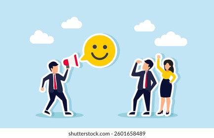 A businessman talks to another entrepreneur use a megaphone, forming a happy emoticon in a chat bubble, illustration of promote and education for the team on gaining market attention