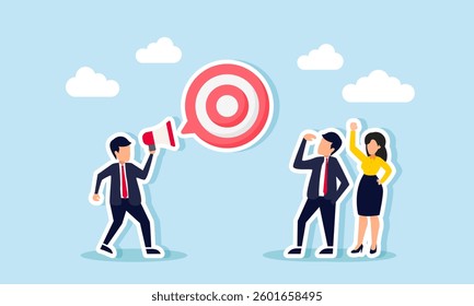 A businessman talks to another entrepreneur using a megaphone, forming a target board in a chat bubble, illustration of promotion and education for the team about business targets