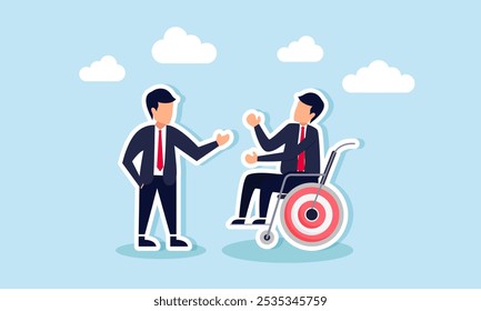 A businessman talks to another businessman in a wheelchair next to a target board, illustration of sharing with others or mentors to find solutions for achieving business goals  