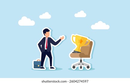A businessman talks with a trophy placed on an office chair, illustration of business performance evaluation as a leading company
