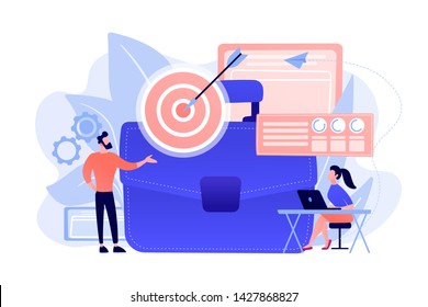 Businessman at target and arrow and woman analysing data and laptop. Business strategy, business goals and plan concept on white background. Coral pink palette vector isolated illustration.