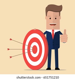 Businessman with a target and arrows showing thumbs up. Business concept. Vector illustration