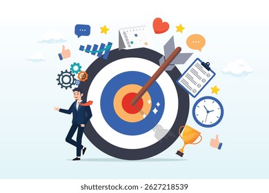Empresário com alvo bullseye e elementos de meta, definição de metas, realização alvo, foco no resultado de sucesso, planejamento para alcançar alvo bullseye, resultado mensurável ou conceito de motivação de clareza