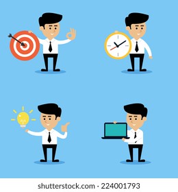 Businessman with target clock lightbulb computer emotional gestures and poses business concepts set isolated vector illustration