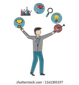 businessman with target trophy bulb diagram success
