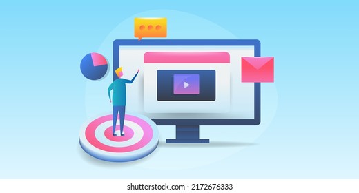 Businessman targeting right audience, Remarketing, Retargeting, Digital advertising network, Social media ad campaign - 3D concept vector illustration with icons and character