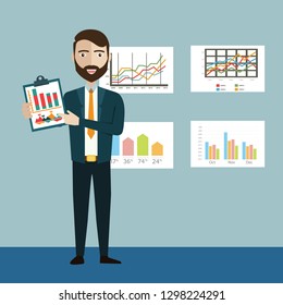 Businessman with a task, showing task and analytic, flat modern design