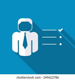 Businessman tasks items list icon. Checking mark checklist marker Isolated on blue background