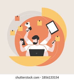 Businessman with a lot of tasks. A man with a lot of hands. Business organization. Preparing for a big project. Vector image on an abstract background.