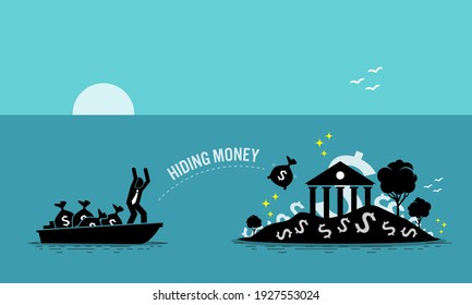 Businessman taxpayer hiding money at tax haven island. Vector illustration concept of money laundering, embezzlement, offshore banking to avoid tax, tax evasion, business crime, and illegal income.