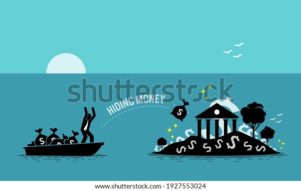 Businessman taxpayer hiding money at tax haven\
island. Vector illustration concept of money laundering,\
embezzlement, offshore banking to avoid tax, tax evasion, business\
crime, and illegal\
income.