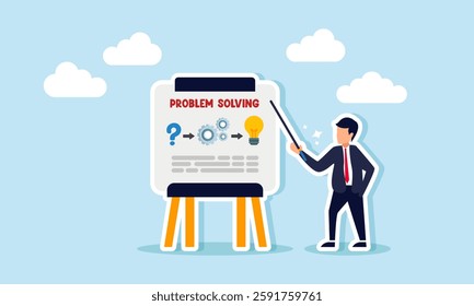 A businessman as if teach on a board with a question mark, system gear, light bulb, and the words PROBLEM SOLVING, illustration of explaining problem solving focus on ideas