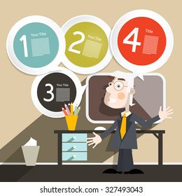 Businessman or Teacher with Computer and Four Steps Paper Infographic Template