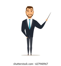 Businessman or teacher holding a pointer in his hand and showing. A man is standing and smile. Cartoon manager at the presentation, seminar, lecture. Education concept