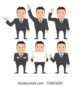 A businessman, a teacher, a man with a beard and a tie. Character with different gestures. Vector illustration