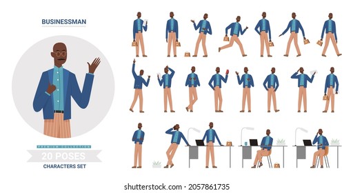 Businessman teacher poses infographic illustration set. Cartoon business office worker man with mustache showing different gestures, manager working with laptop, posture collection isolated on white