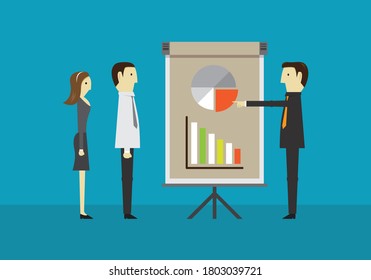 Empresario que enseña sobre aplicaciones estadísticas, ilustración vectorial en estilo plano