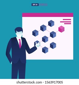 Businessman teaching and about blockchain. Business vector concept illustration