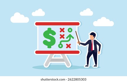 Empresário ensinando com um ponteiro ao lado de uma placa com um sinal de dólar e caminho de estratégia, ilustração de estratégias para melhorar o desempenho financeiro da empresa