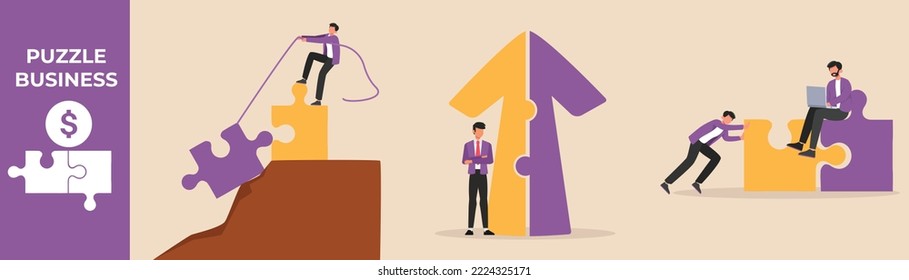 Businessman team connecting puzzle elements. Business puzzle piece set concept. Colored flat graphic vector illustration isolated. 