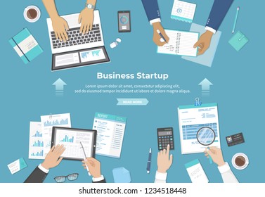 Businessman team discuss project startup, investment, financial planning, agreement, analysis data, realization, success. Documents, graphics, counting, report.  Top view of people hands. Vector 