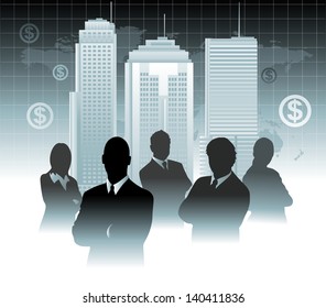 Businessman team in front of world map